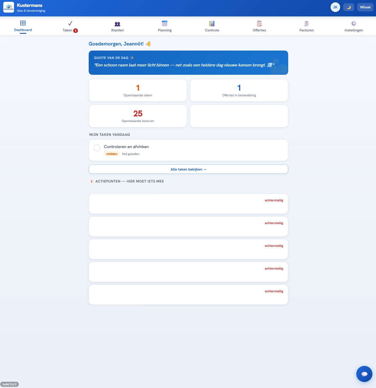Backoffice dashboard (klantdata afgedekt)