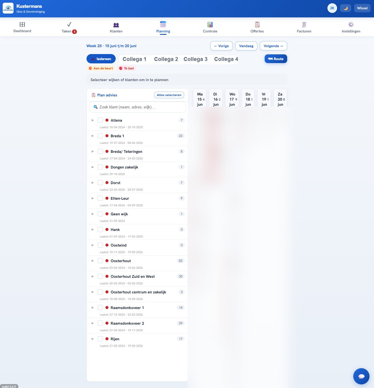 Weekplanning en route (klantdata afgedekt)
